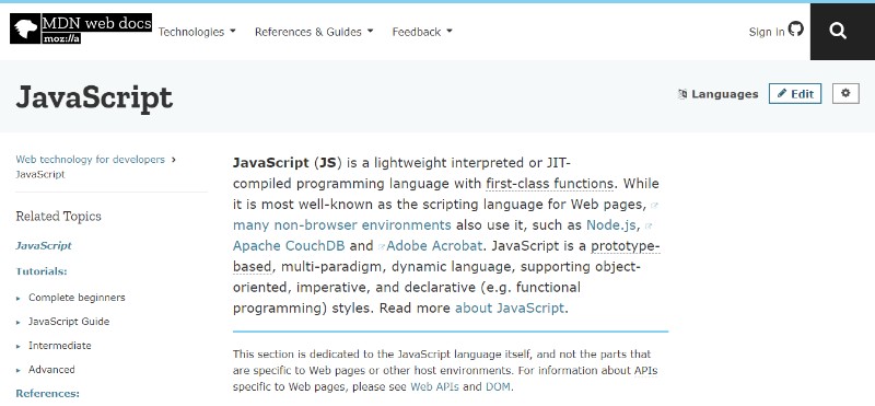 web development technologies programming languages JavaScript